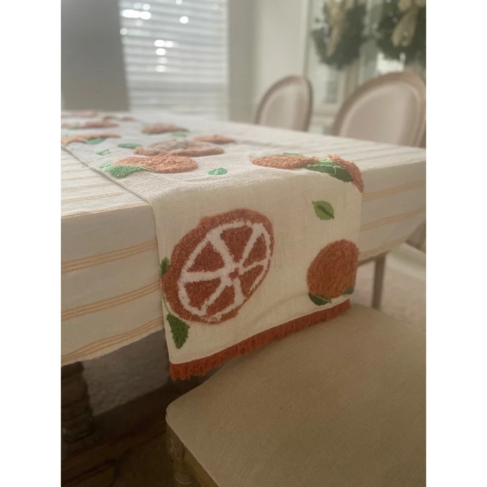 Kirkland's Home Orange Citrus Cotton Table Runner Tufted Fruit Fringe Cream